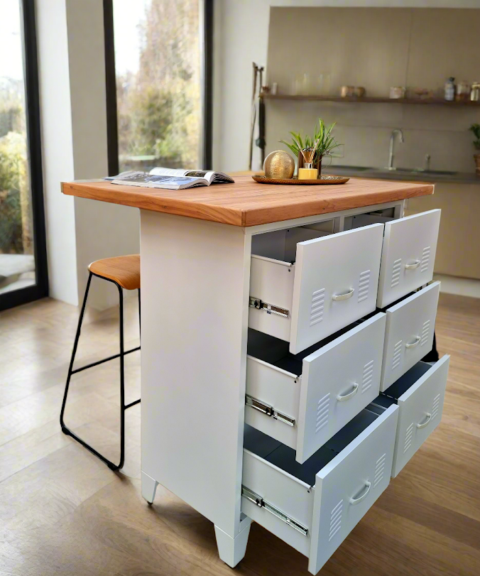White 6 Drawer with Island Rimu top