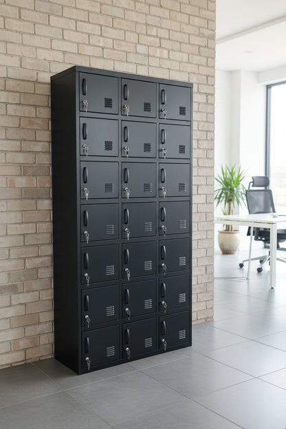 A tall black metal Door locker cabinet with 18 small lockable doors and black handles, in an office as staff lockers