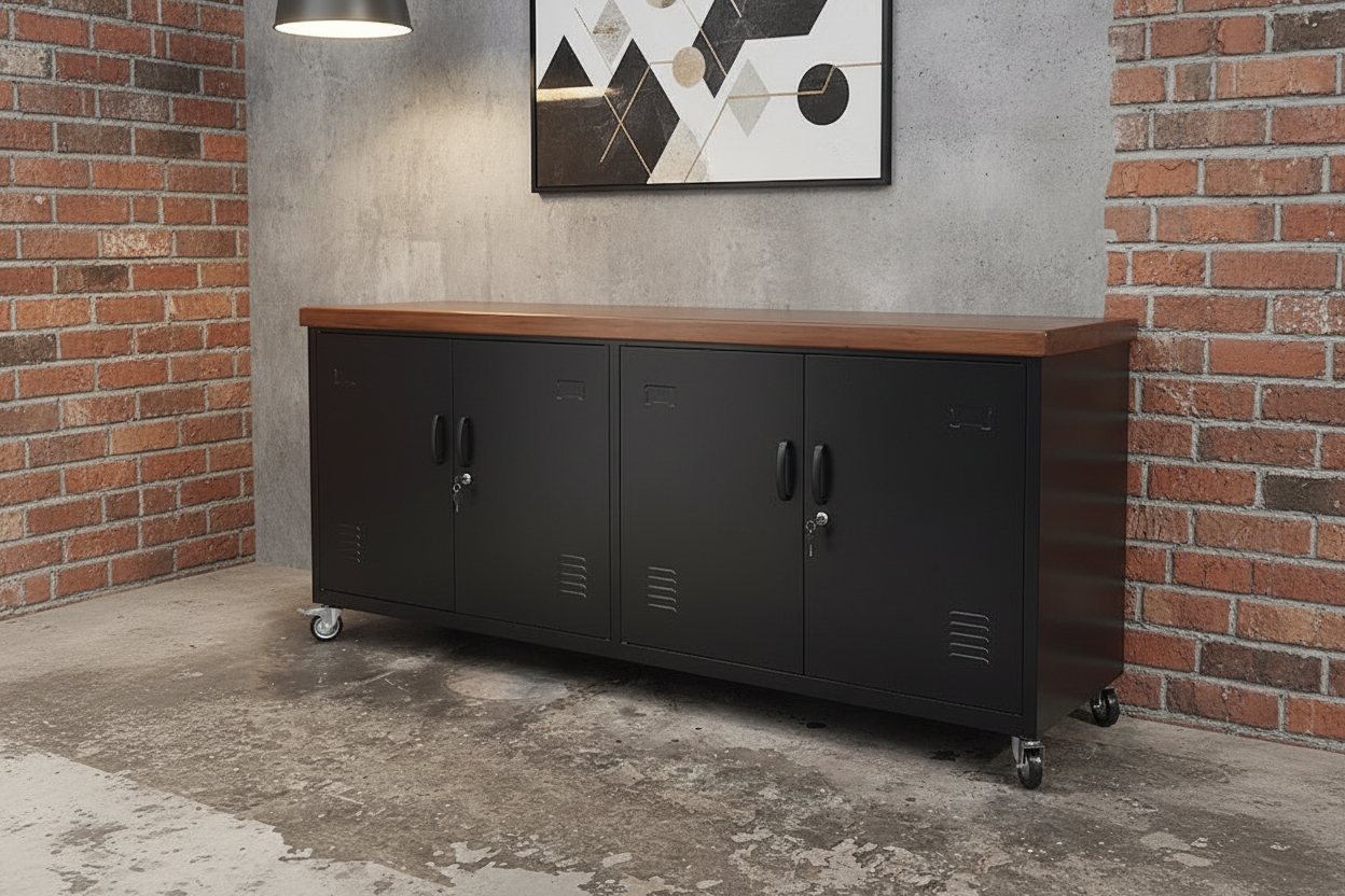 Black Versatile Metal Locker Dark Rimu top