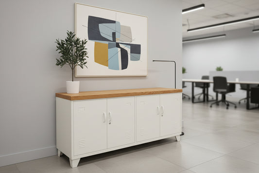 White Versatile Metal Locker Oak top