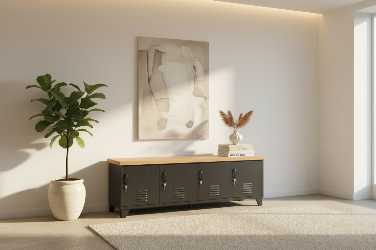 Large Industrial TV Cabinet - Black - Rimu top