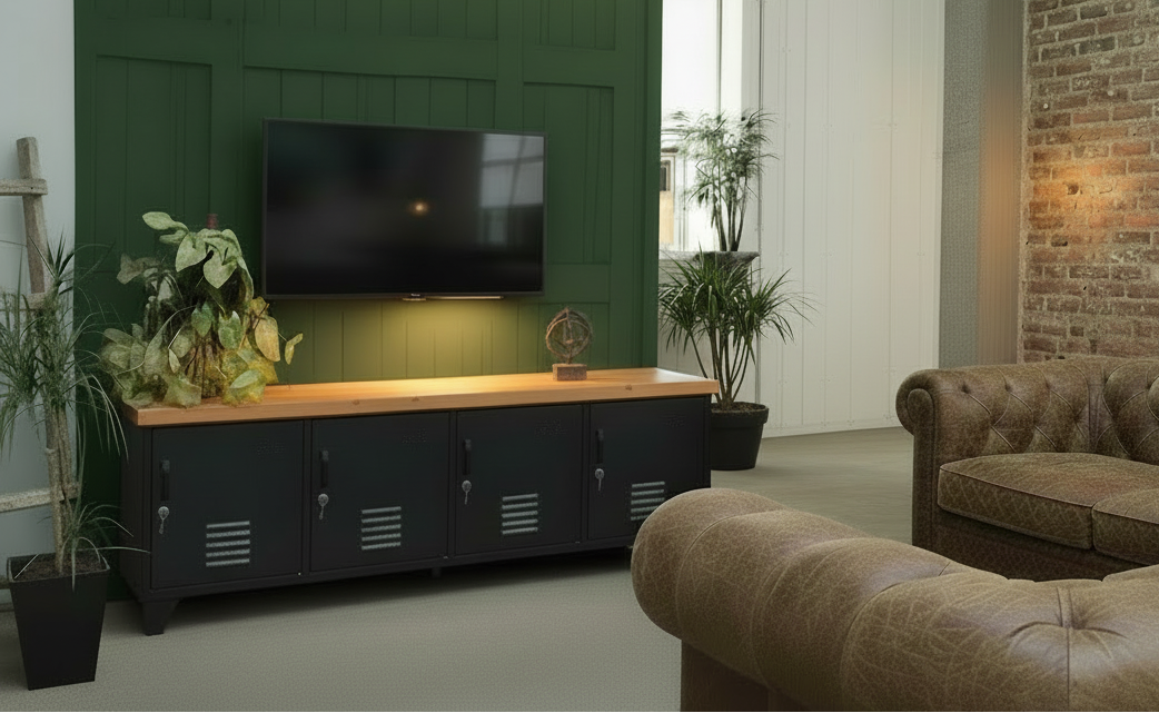 Large Industrial TV Cabinet - Black - Rimu top