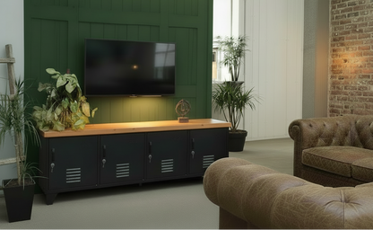 Large Industrial TV Cabinet - Black - Rimu top