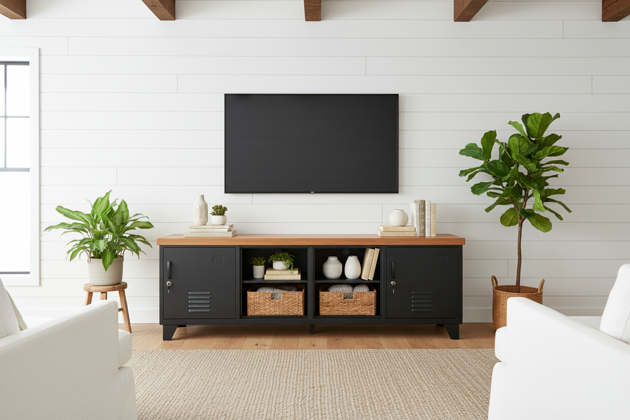 Large Industrial TV Cabinet - Black - Rimu top