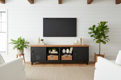 Large Industrial TV Cabinet - Black - Rimu top