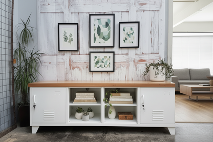 Large Industrial TV Cabinet -White - Rimu top