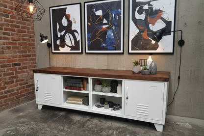Large Industrial TV Cabinet - White - Dark Oak top