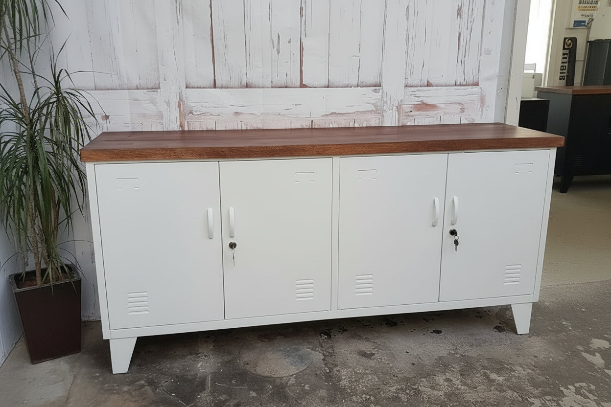 White Versatile Metal Locker Dark Oak top