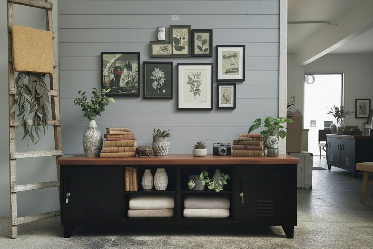 Large Industrial TV Cabinet -Black- Dark Rimu top