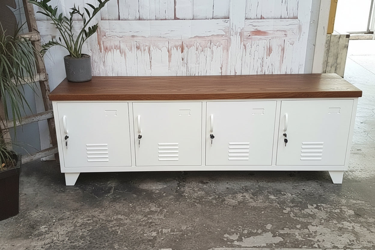 Large Industrial TV Cabinet - White - Dark Oak top