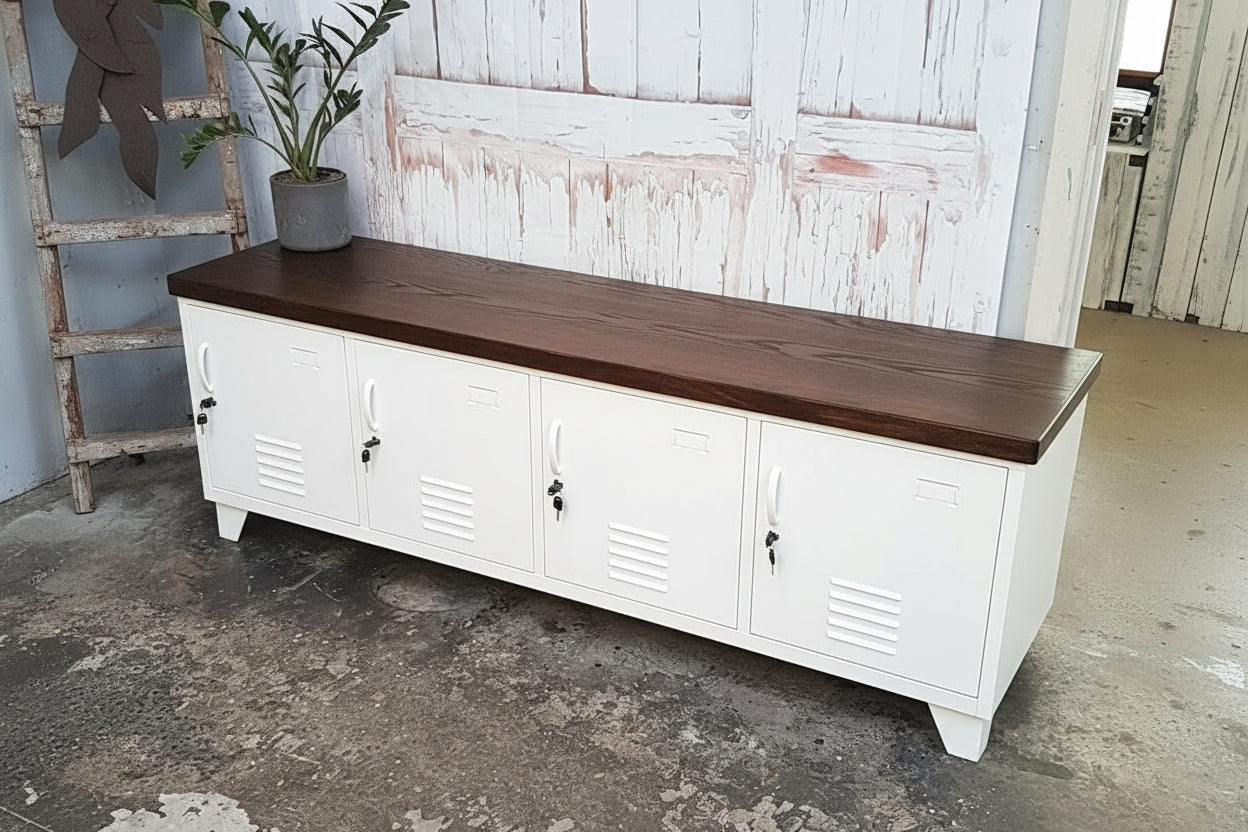 Large Industrial TV Cabinet - White - Dark Oak top