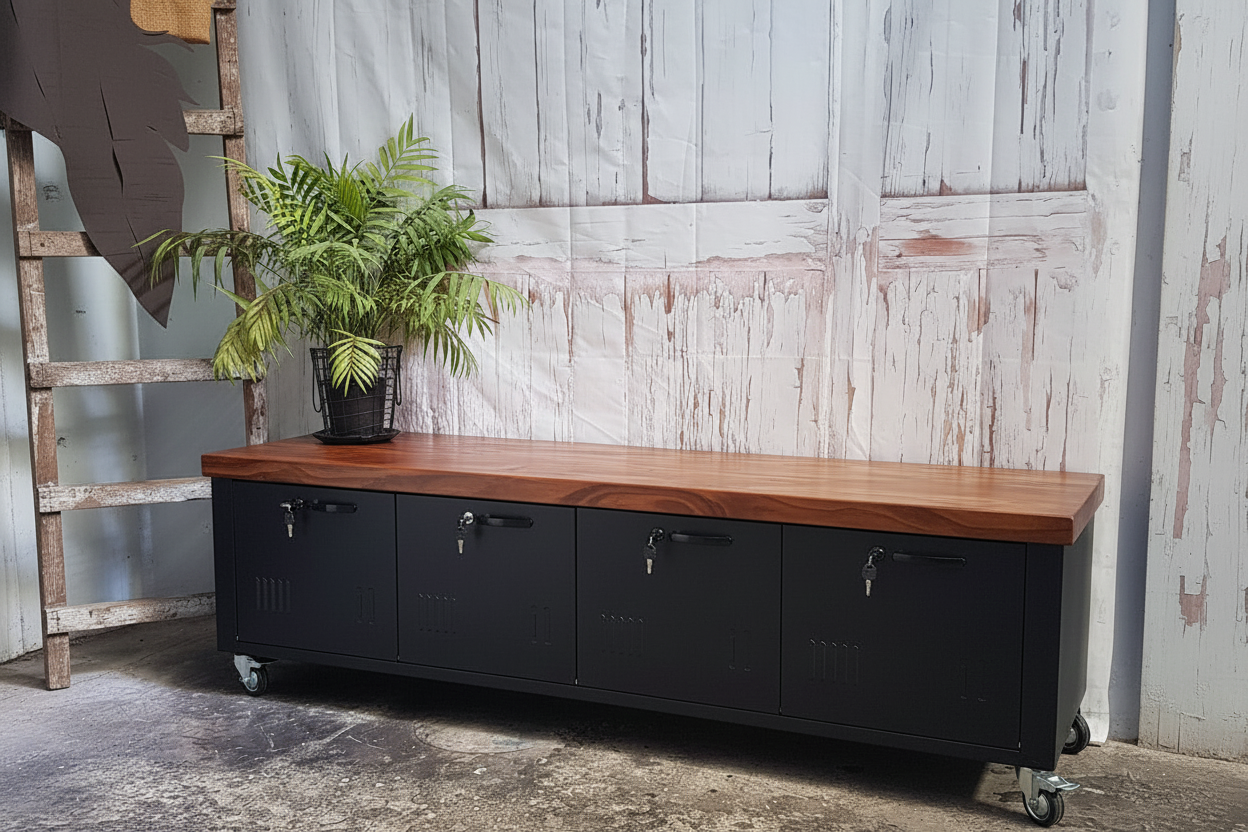 Long Black 4 Door TV console-Dark Rimu top