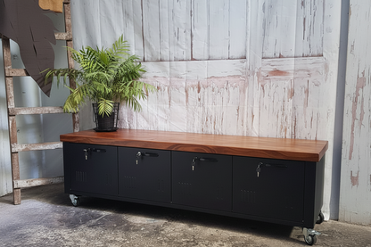 Long Black 4 Door TV console-Dark Rimu top