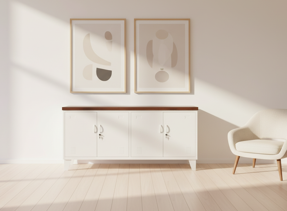 White Versatile Metal Locker Dark Oak top