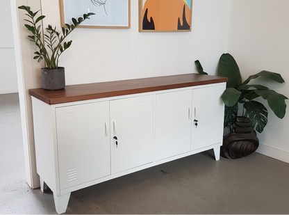 White Versatile Metal Locker Dark Oak top