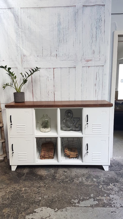 White 8 Door Sideboard Locker- Dark Oak top