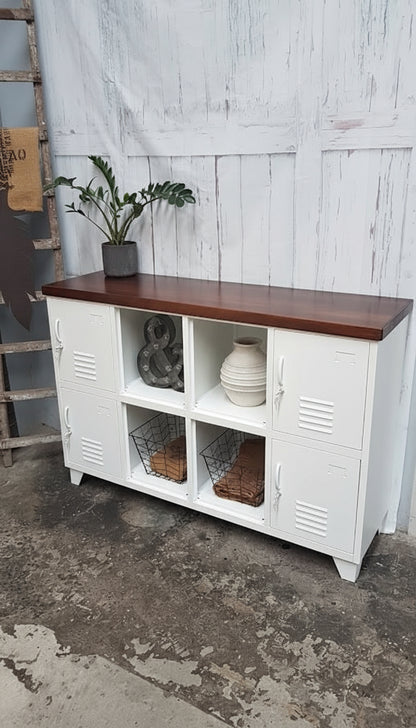 White 8 Door Sideboard Locker Dark Rimu Top