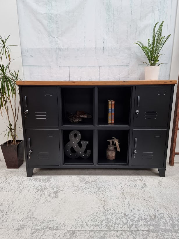 Black 8 Door Sideboard Locker- Dark Oak top