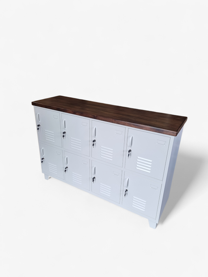 White 8 Door Sideboard Locker Dark Rimu Top