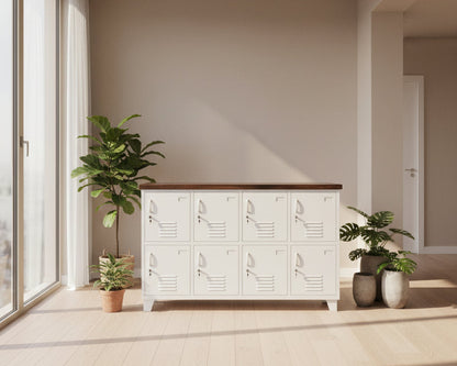 White 8 Door Sideboard Locker Dark Rimu Top