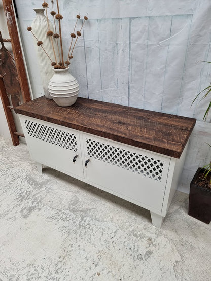 White TV Cabinet-Dark RUSTIC Rimu top (Lattice)