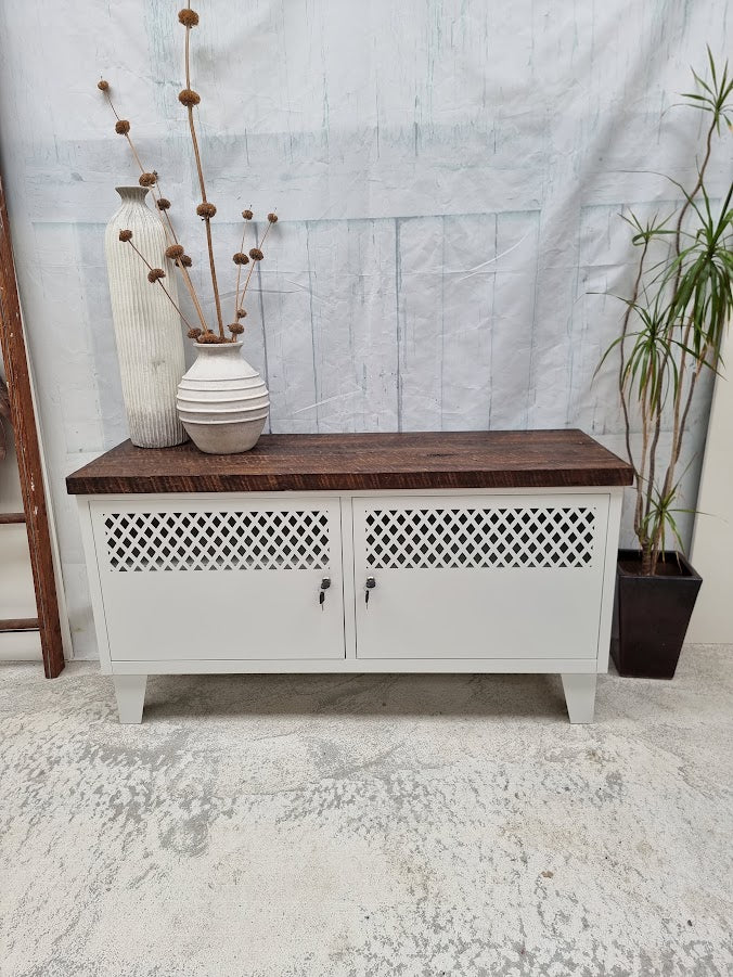 White TV Cabinet-Dark RUSTIC Rimu top (Lattice)