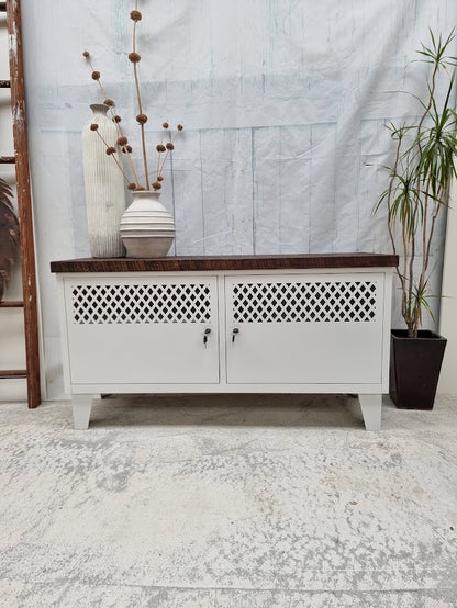 White TV Cabinet-Dark RUSTIC Rimu top (Lattice)