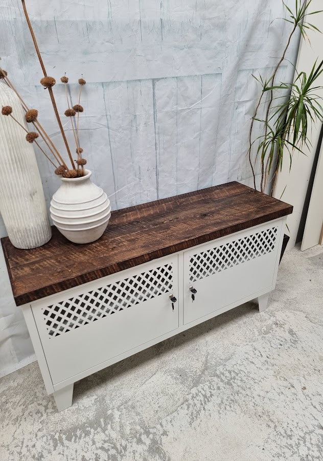 White TV Cabinet-Dark RUSTIC Rimu top (Lattice)