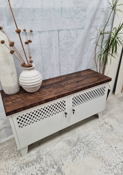 White TV Cabinet-Dark RUSTIC Rimu top (Lattice)