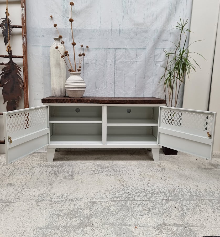 White TV Cabinet-Dark RUSTIC Rimu top (Lattice)