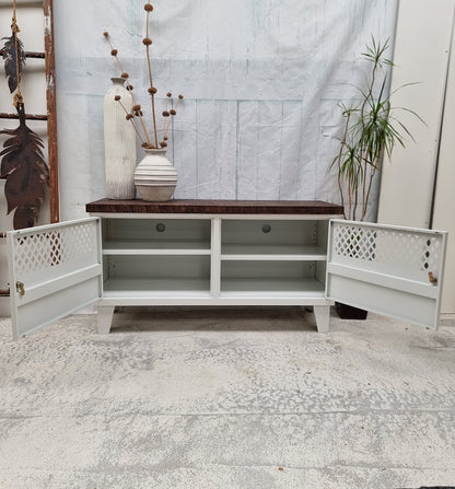 White TV Cabinet-Dark RUSTIC Rimu top (Lattice)