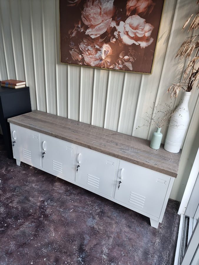 Large White Industrial TV Cabinet - Rustic Grey top