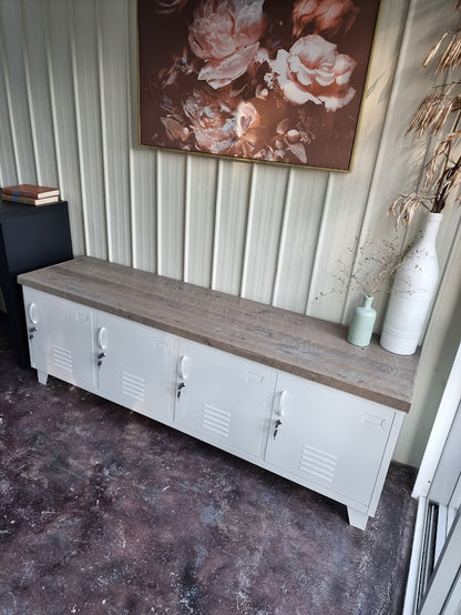 Large White Industrial TV Cabinet - Rustic Grey top