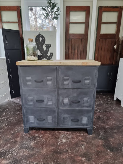 Rustic Matte Black Metal 6 Drawer Cabinet with Pallet top