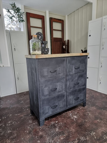 Rustic Matte Black Metal 6 Drawer Cabinet with Pallet top