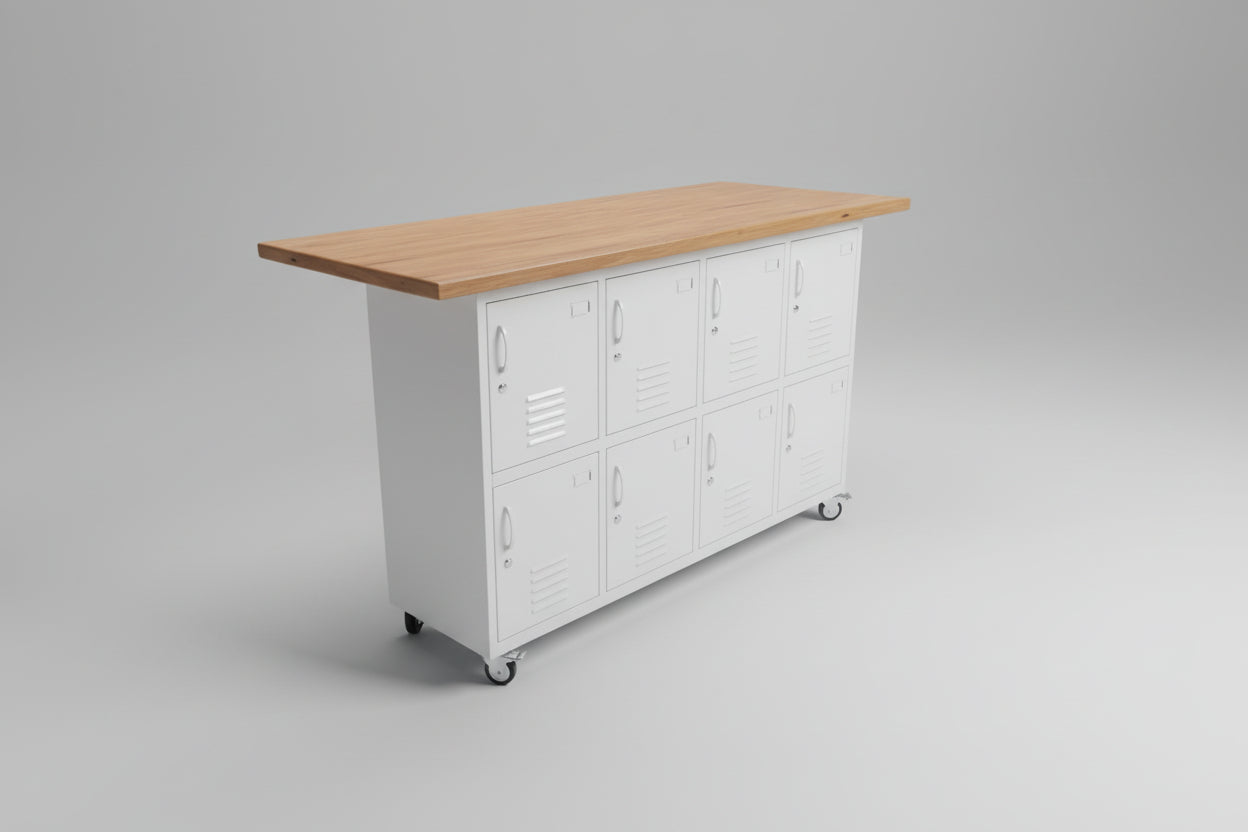 White metal and Rimu kitchen island with 8 storage lockers 