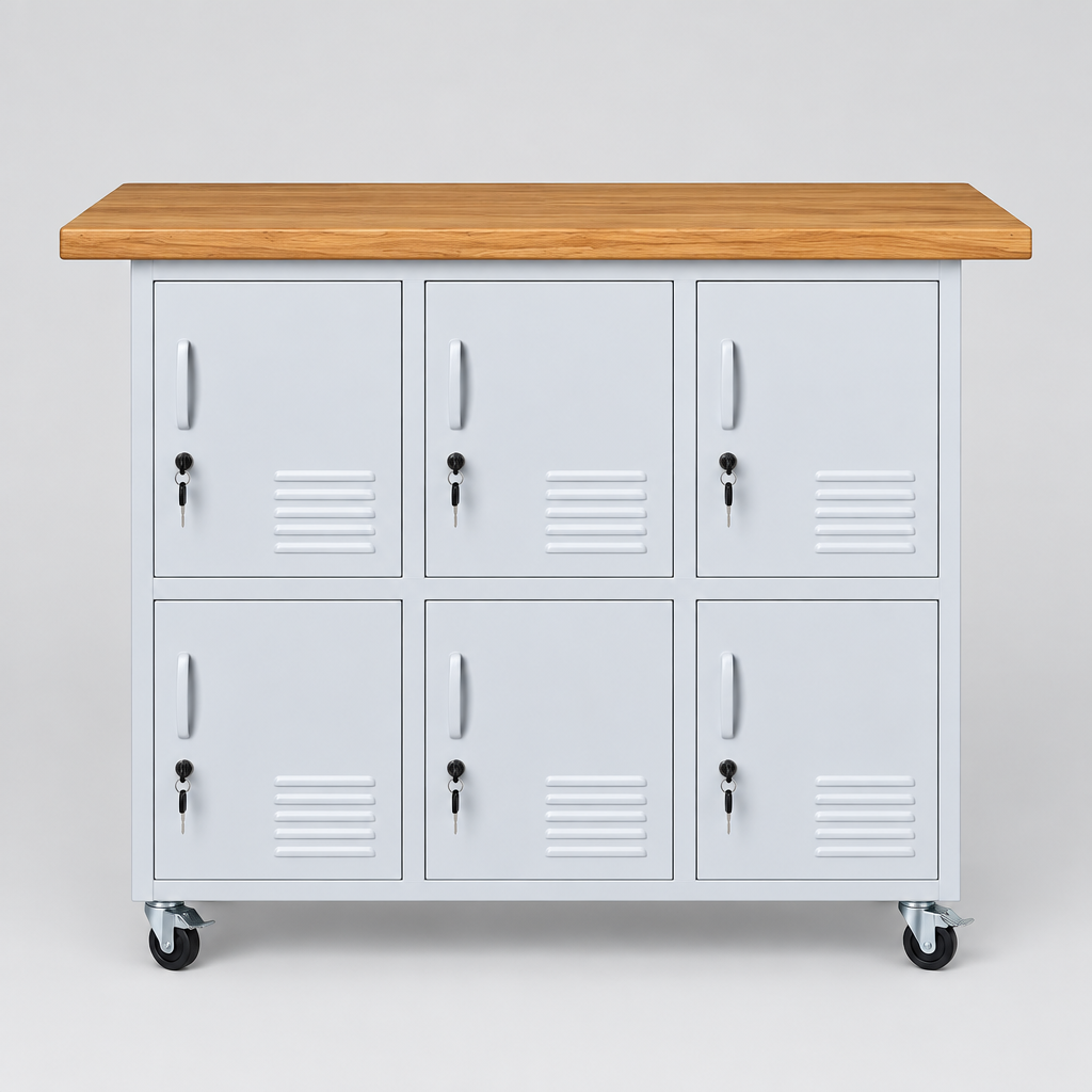 A mobile storage cabinet with six white metal locker doors, White handles, and keys, mounted on casters, topped with a natural wood work surface, shown on a light gray background.