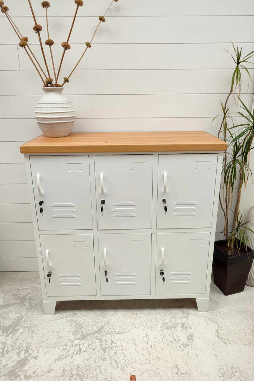 6 Door locker - white with Rimu top against a shiplap wall