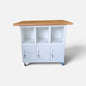 A white metal rolling storage cabinet with three open upper cubbies and three lower lockable doors, topped with a light wood countertop, shown on a plain light gray studio background.