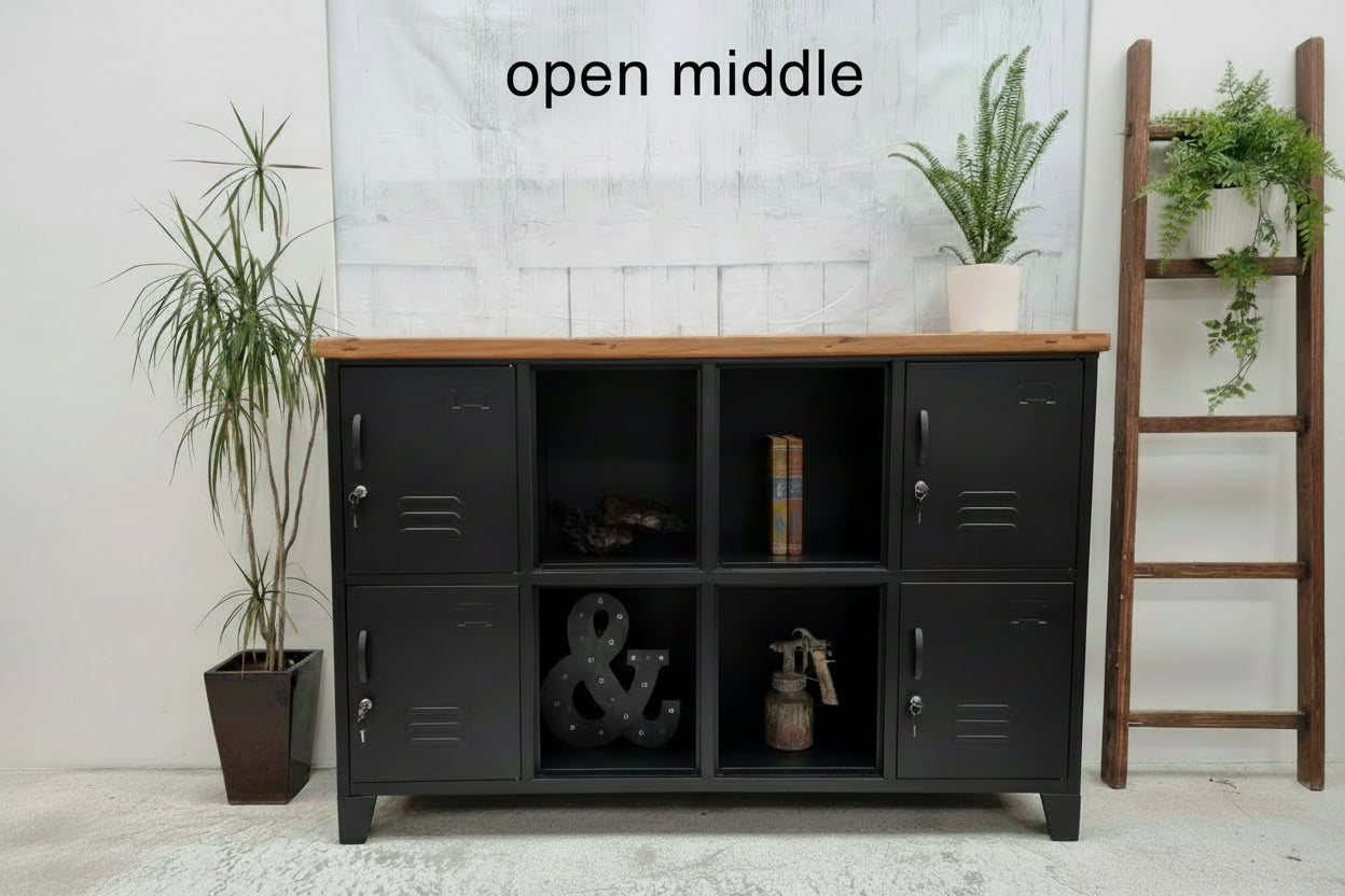 Open Middle black 8 door metal locker cabinet with rimu top