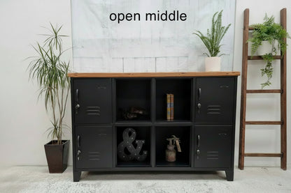 Open Middle black 8 door metal locker cabinet with rimu top