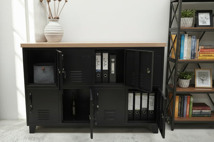 black Metal locker-style cabinet with open doors displaying a bottle and folders, with an Oak top