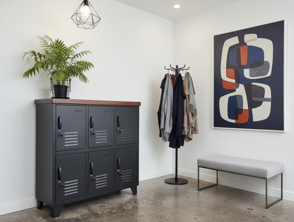 A black 6-door locker with a dark stained Rimu top in entranceway as storage for shoes and bags
