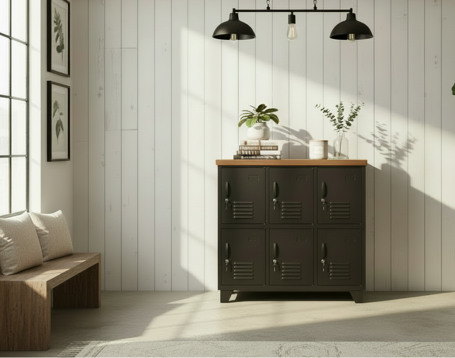 A black 6-door locker with dark oak top in entranceway as show and bag storage