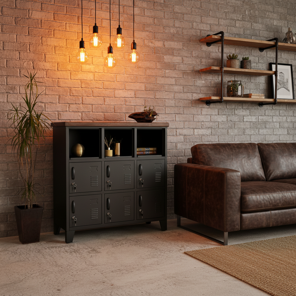 A black 9-door locker with a dark Rimu top, situated against a brick wall in a industrial living room with the top open for display. 