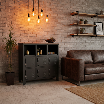 A black 9-door locker with a dark Rimu top, situated against a brick wall in a industrial living room with the top open for display. 