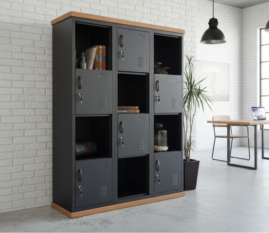 A black metal checkerboard display locker cabinet with a Recycled Rimu top and plinth