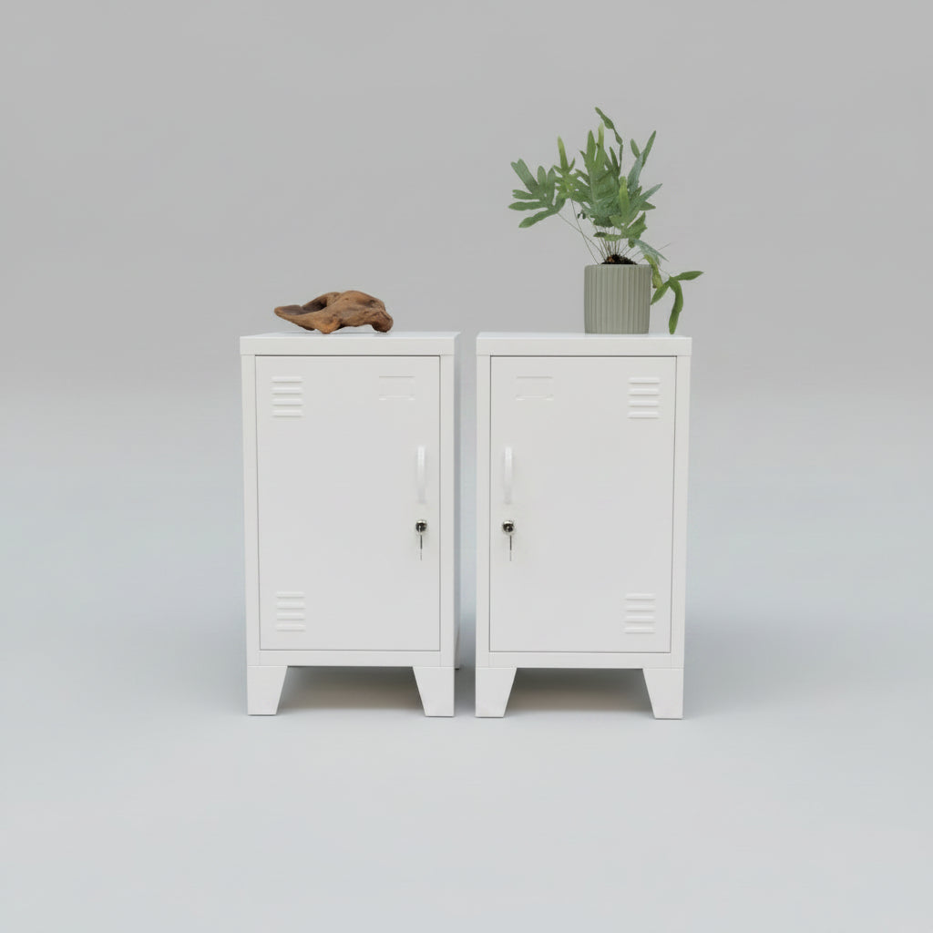 A pair of white metal mini locker cabinets on grey background
