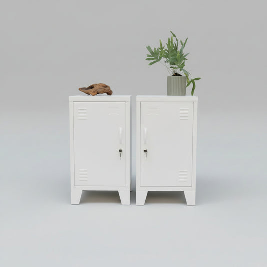 A pair of white metal mini locker cabinets on grey background