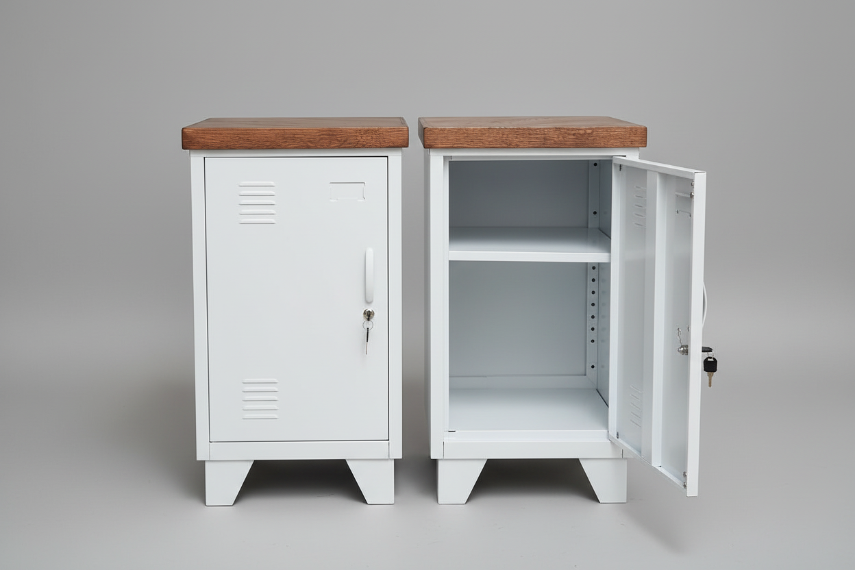 A pair of White mini lockers with dark oak tops, one locker is open showing the interior, the other is closed